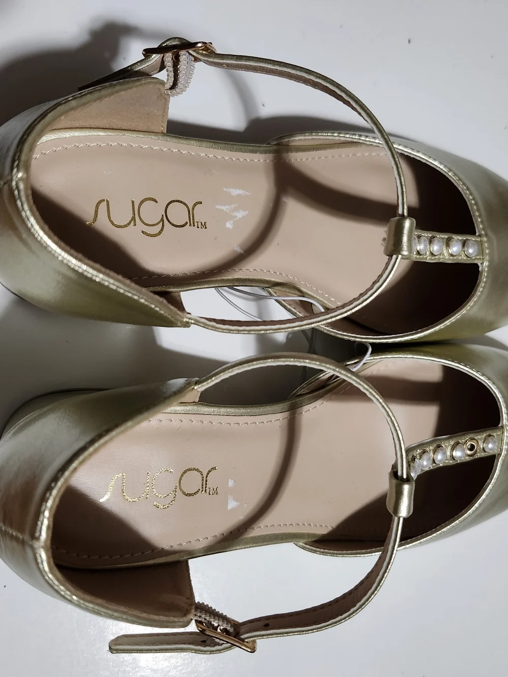 Sugar Gold Pearl-Trim T-Strap Dress Flats